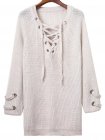 White Eyelet Lace Up V Neck Knit Dress