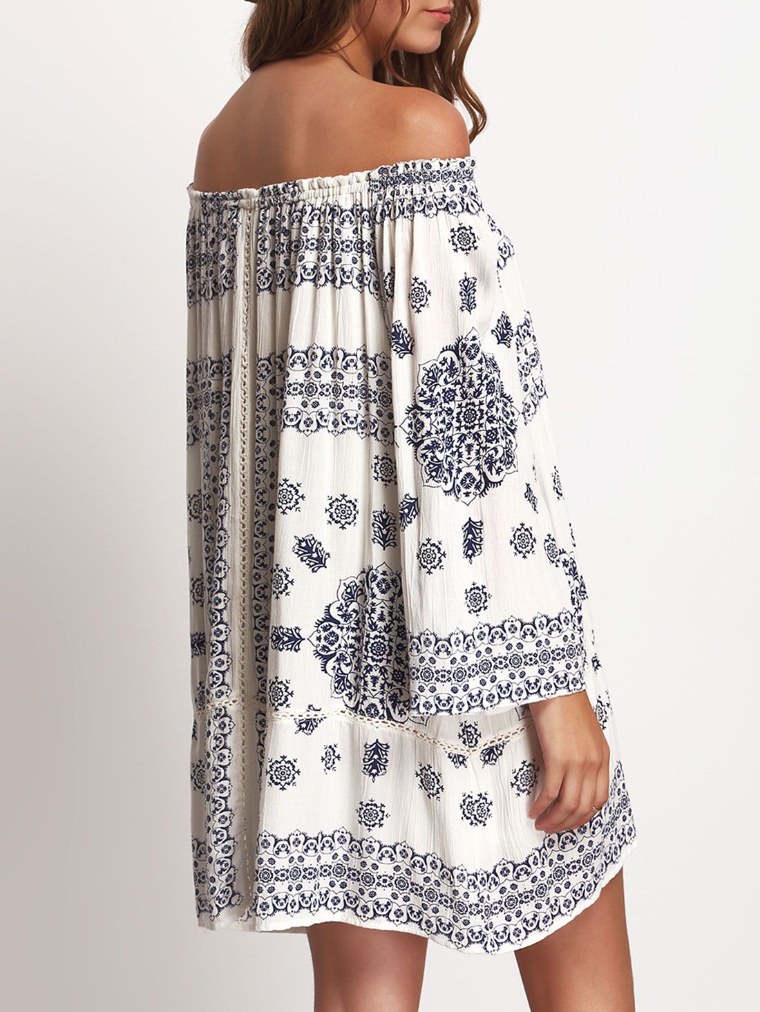 Blue Print Off Shoulder Crochet Insert Dress