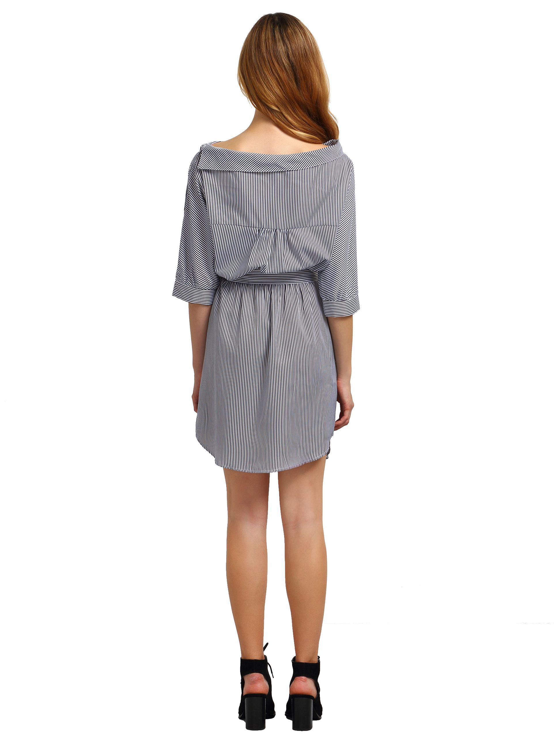 Black White Periwinkle Shouldered Half Sleeve Off The Shoulder Striped Dress