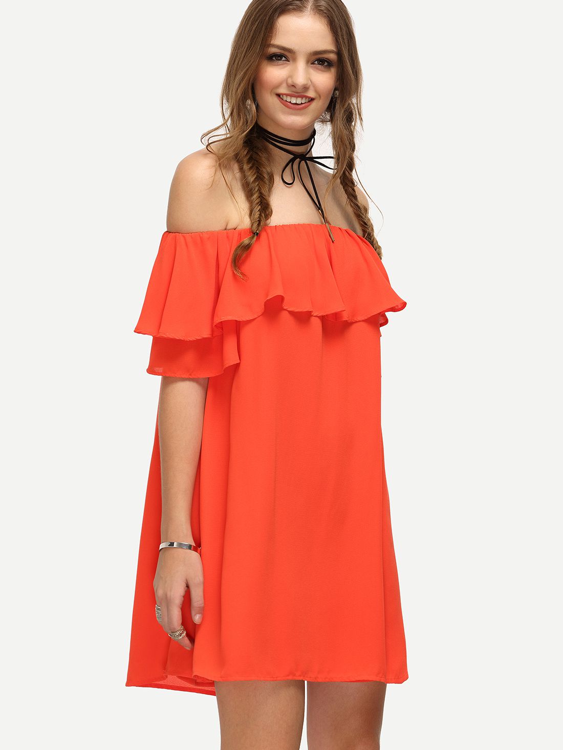 Red Off The Shoulder Ruffle Shift Dress