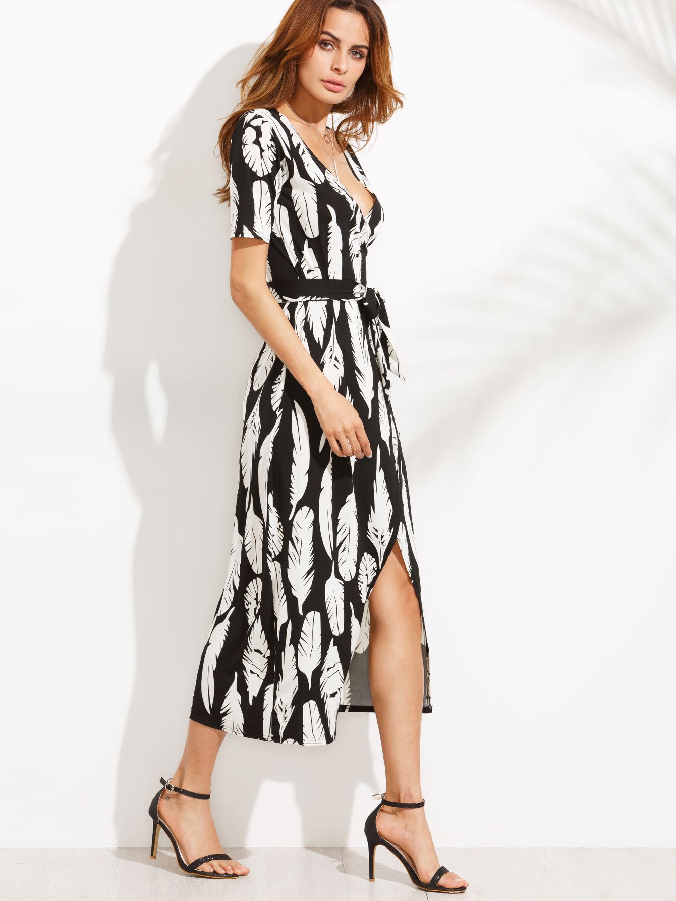 Deep V Neck Feather Print Self Tie Split Wrap Dress